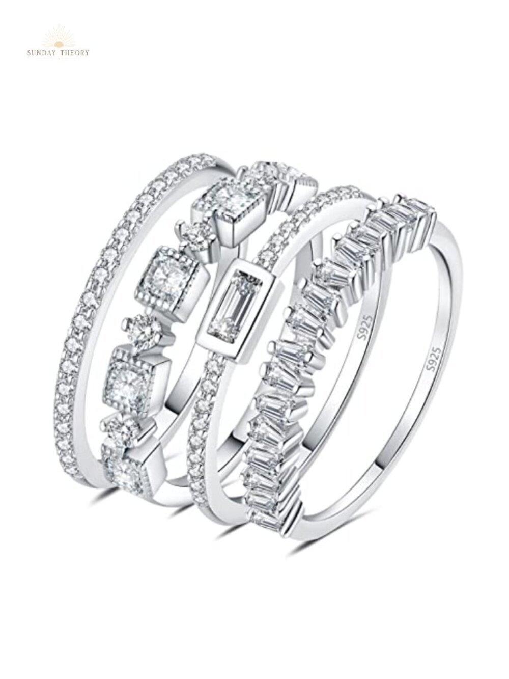 Princess Emerald Cut CZ Stackable Eternity Ring Set, 925 Sterling Silver 14k